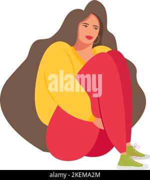 The concept of a sad girl sitting and hugging her knees. The girl is in a depressed mood, needs to maintain mental health. She feels professional burn Stock Vector