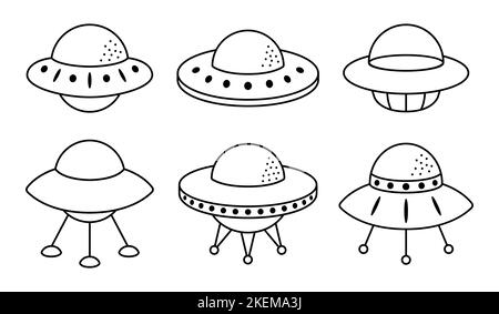 Collection of outline alien flying saucers. UFO contour illustration isolated on white background. Vector illustration. Stock Vector