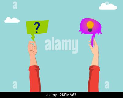 Question and answer, businessman hand holding question mark with other reply with lightbulb. solving problem or business solution. Stock Vector