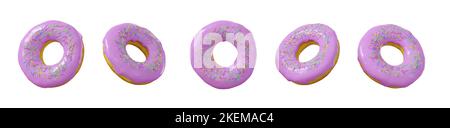Donut set isolated on a white background. Donut collection. Sweet sugar icing donuts. break time with pink strawberry donuts top view. Stock Photo