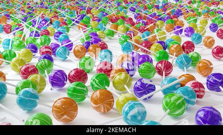 Colorful orange blue purple  yellow and green lollipops over white background. Concept of little joys, guilty pleasures and sweets addiction. Stock Photo