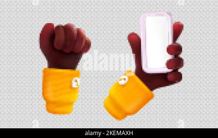 3d render black hand fist and palm holding smartphone with blank screen. Mockup of mobile phone in african person arm isolated on transparent backgrou Stock Vector