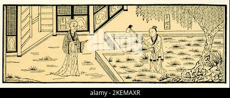 The 1910 image shows a Woodcut from the Book of Famous Women. Here a lady is shown with her son. The Biographies of Exemplary Women is a book compiled by the Han dynasty scholar Liu Xiang c. 18 BC. It includes 125 biographical accounts of exemplary women in ancient China, taken from early Chinese histories including Chunqiu, Zuozhuan, and the Records of the Grand Historian. The book served as a standard Confucianist textbook for the moral education of women in traditional China for two millennia. Stock Photo