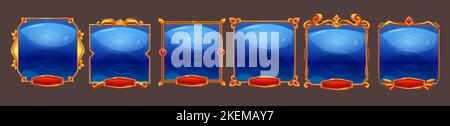 Golden vintage game frames, ui medieval square borders from metal, gems, blue panels with red buttons. Cartoon empty metallic bordering with gemstone Stock Vector