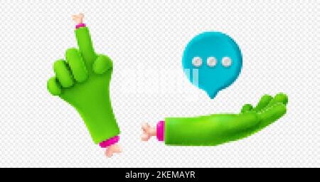 3d render zombie hands pointing up and holding speech bubble. Green monster character palm, funny Halloween personage gestures, finger with bones, iso Stock Vector