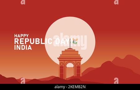 vector for Republic Day celebration, with illustration of mountain scenery and twilight sky clearly visible full moon, wavy Indian flag Stock Vector