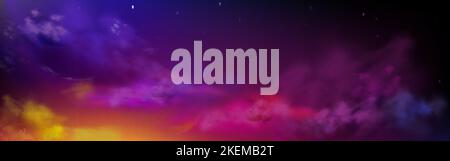 Night sky with colorful clouds and stars, starry heaven, dusk panoramic background with yellow, purple, pink and lilac light reflecting on clouds. Uni Stock Vector