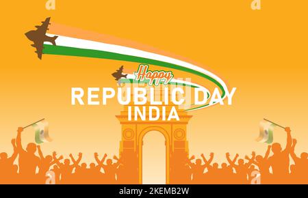 Republic Day celebration poster illustration, with fighter jet illustration and Indian flag colors wavy against yellowish twilight sky background, cro Stock Vector