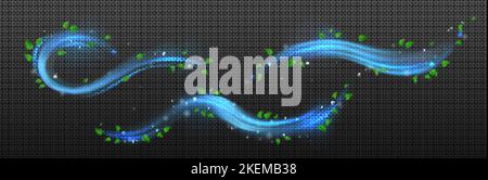 Blue wind flows, air swirls and waves with flying green leaves. Fresh wind motion with mint leaves isolated on transparent background, vector realisti Stock Vector