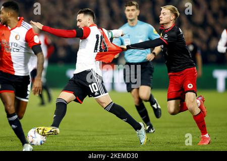 ROTTERDAM - (lr) Orkun Kokcu of Feyenoord, Joshua Eijgenraam or sbv Excelsior during the Dutch Eredivisie match between Feyenoord and Excelsior at Feyenoord Stadium de Kuip on November 13, 2022 in Rotterdam, Netherlands. ANP PIETER STAM DE YOUNG Stock Photo