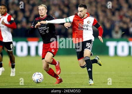 ROTTERDAM - (lr) Joshua Eijgenraam or sbv Excelsior, Orkun Kokcu or Feyenoord during the Dutch Eredivisie match between Feyenoord and Excelsior at Feyenoord Stadium de Kuip on November 13, 2022 in Rotterdam, Netherlands. ANP PIETER STAM DE YOUNG Stock Photo