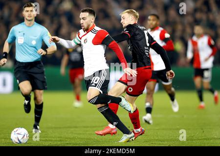 ROTTERDAM - (lr) Orkun Kokcu of Feyenoord, Joshua Eijgenraam or sbv Excelsior during the Dutch Eredivisie match between Feyenoord and Excelsior at Feyenoord Stadium de Kuip on November 13, 2022 in Rotterdam, Netherlands. ANP PIETER STAM DE YOUNG Stock Photo