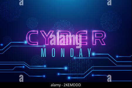 cyber monday text neon effect, with technology blue circuit board background Illustration Stock Vector