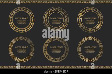 gold circle luxury frame wreath collection. Circular baroque pattern. Round floral ornament. Vintage Frames. Greeting card. Wedding invitation Stock Vector