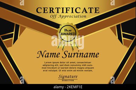 Luxury Certificate Award Design. Gold color. Modern certificate with gold badge. Certificate border template with modern luxury line pattern Stock Vector