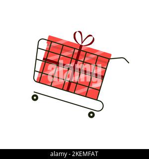 Cart with gift boxes, paper bags, presents. Winter, summer, autumn, spring sale concept Stock Vector