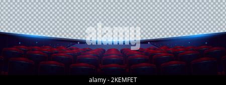 Cinema hall with audience seats and blank panoramic screen with transparent background. Template of movie theater auditorium interior with rows of red Stock Vector