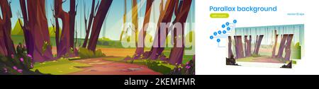 Parallax background cartoon summer nature landscape with dirt road in forest. Vector template for game animation with separated layers, scenery view w Stock Vector