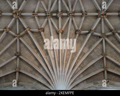 The symmetrical detail of the vaulted ceiling and ornate bosses  in Norwich Cathedral, Norfolk, UK Stock Photo