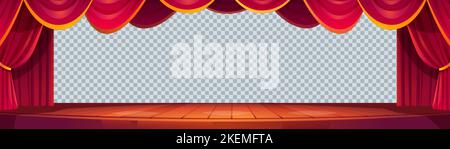 Theater or cinema scene with curtains and wooden floor isolated on transparent background.Movie theatre interior with stage, red velvet drapes and emp Stock Vector