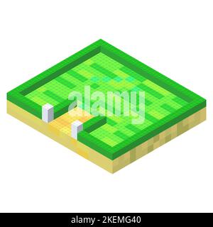 The concept of an empty backyard assembled from plastic blocks in isometric style for printing and decoration. Vector illustration. Stock Vector