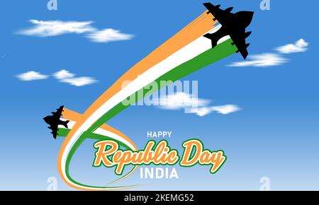 Republic Day celebration illustration, with fighter jet illustration and Indian flag colors wavy against white sky and clouds background Stock Vector