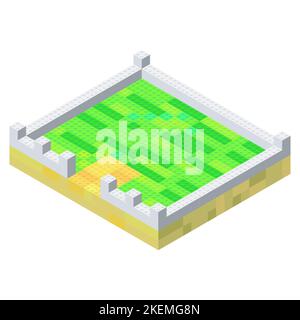 The idea of a courtyard with a stone fence assembled from multi-colored plastic blocks in isometric style for print and design. Vector illustration. Stock Vector