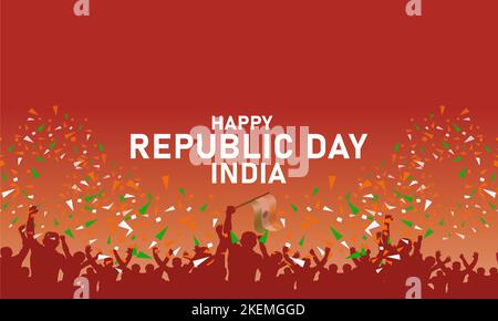 poster illustration for Republic Day celebration, gradient background, wavy Indian flag, crowd of people partying celebrating victory Stock Vector