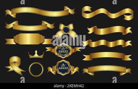 collection of gold ribbon vector design elements, seals, medals, shields/coats, badges, banners, scrolls and ornaments Stock Vector