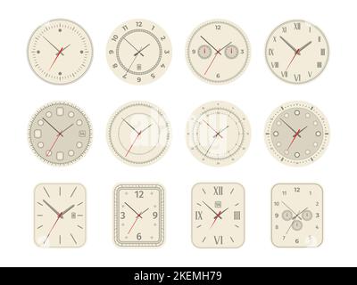 Analog clock dial. Mechanical watch face with arabic roman numerals second minute hand, wristwatch set with chronometer time day symbols. Vector collection of clock analog illustration Stock Vector