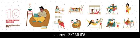 Set freelancers work at home office, relaxed characters working remotely on laptops at comfortable domestic environment. Outsourced freelance self-emp Stock Vector