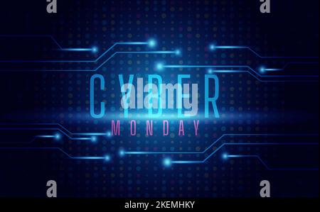Banner for cyber monday, with technology blue circuit board background Illustration Stock Vector