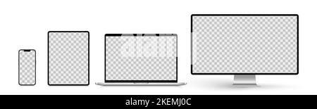 A set of isolated smart devices with blank screen: smartphone, tablet, laptop and desktop. Stock royalty free vector illustration Stock Vector