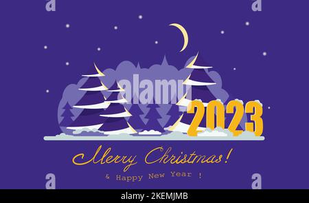 Postcard Happy New 2023 Year and Merry Christmas. Winter fir forest at night. Stock Vector