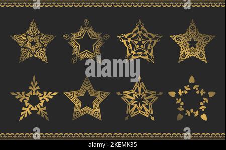 star shape gold ornament set, black background, this vector is good for a variety of design materials, wedding invitation background, business card Stock Vector