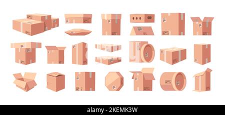 Cardboard box mockup. Open closed carton packaging templates, paper cargo shipping parcel elements flat style delivery storage concept. Vector collection of cardboard packaging box illustration Stock Vector