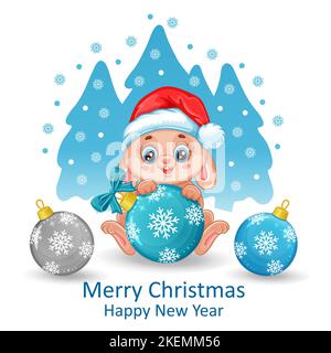 Cute New Year rabbit with Christmas tree balls. Bunny in holiday Santa red hat with decorative fir toys. Hare in winter forest greeting card. Vector Stock Vector