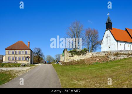Deserted village of Gruorn with the only two surviving structures, former Münsingen military training area, Germany. Stock Photo