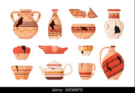 Broken pottery. Old damaged ancient ceramic vase pot urn plate jug mug, vintage cracked clay utensil assortment cartoon style. Vector isolated collection of old broken pottery design illustration Stock Vector