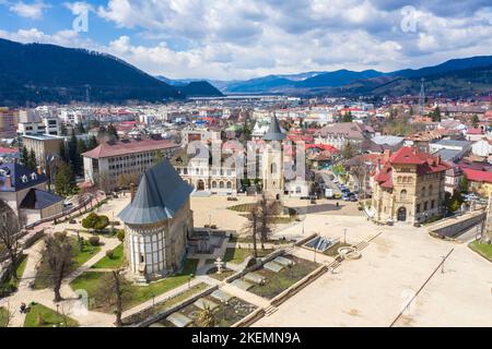 Historic landmark: royal court and medieval church in a mountain city, Piatra Neamt in Romania. Stock Photo