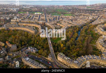 Aerial view across Water of Leith and Dean Bridge to Comely Bank and Craigleith in Edinburgh, Scotland, UK Stock Photo