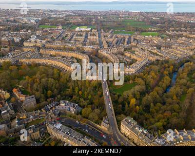 Aerial view across Water of Leith and Dean Bridge to Comely Bank and Craigleith in Edinburgh, Scotland, UK Stock Photo