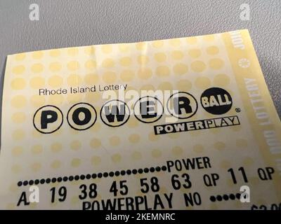 New York and Rhode Island Powerball tickets are displayed in New York