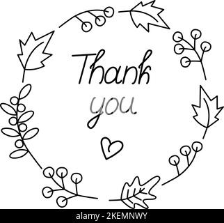 Thank you. Hand drawn thanksgiving text in round frame made of autumn plants and hearts shapes. Line art. Sticker. Isolate. Vector. EPS. Calligraphic design for print greetings, shirt, banner, poster Stock Vector