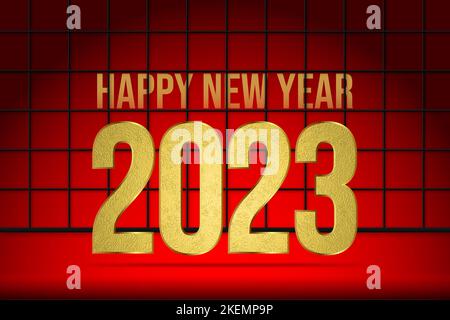 Happy New Year Banner With Gold 2023 Numbers. Holiday illustration isolated on traditional red wall background Stock Photo