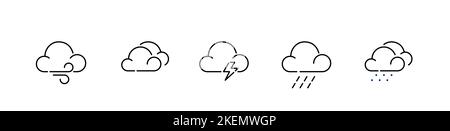 Set of bad weather icons. Cloudy, thunderstorm and rain. Pixel perfect, editable stroke designs Stock Vector