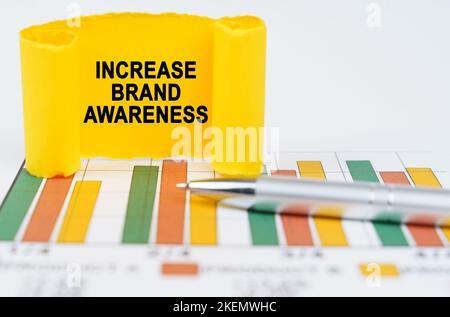 Business concept. On the business charts are a pen and a paper plate with the inscription - Increase Brand Awareness Stock Photo