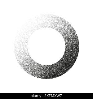 Round shaped dotted object, stipple elements. Fading gradient. Stippling, dotwork drawing, shading using dots. Pixel disintegration, halftone effect Stock Vector