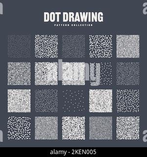 Square shaped dotted objects, stipple elements. Stippling, dotwork drawing, shading using dots. Pixel disintegration, halftone effect. White noise Stock Vector