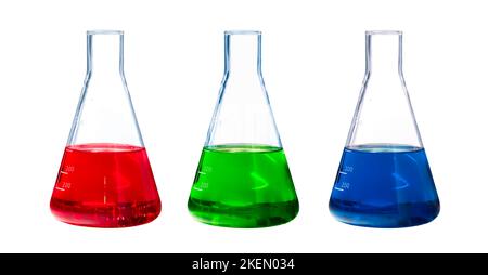 Chemical flasks with solution, RGB red, green, blue colors, isolated on white background Stock Photo